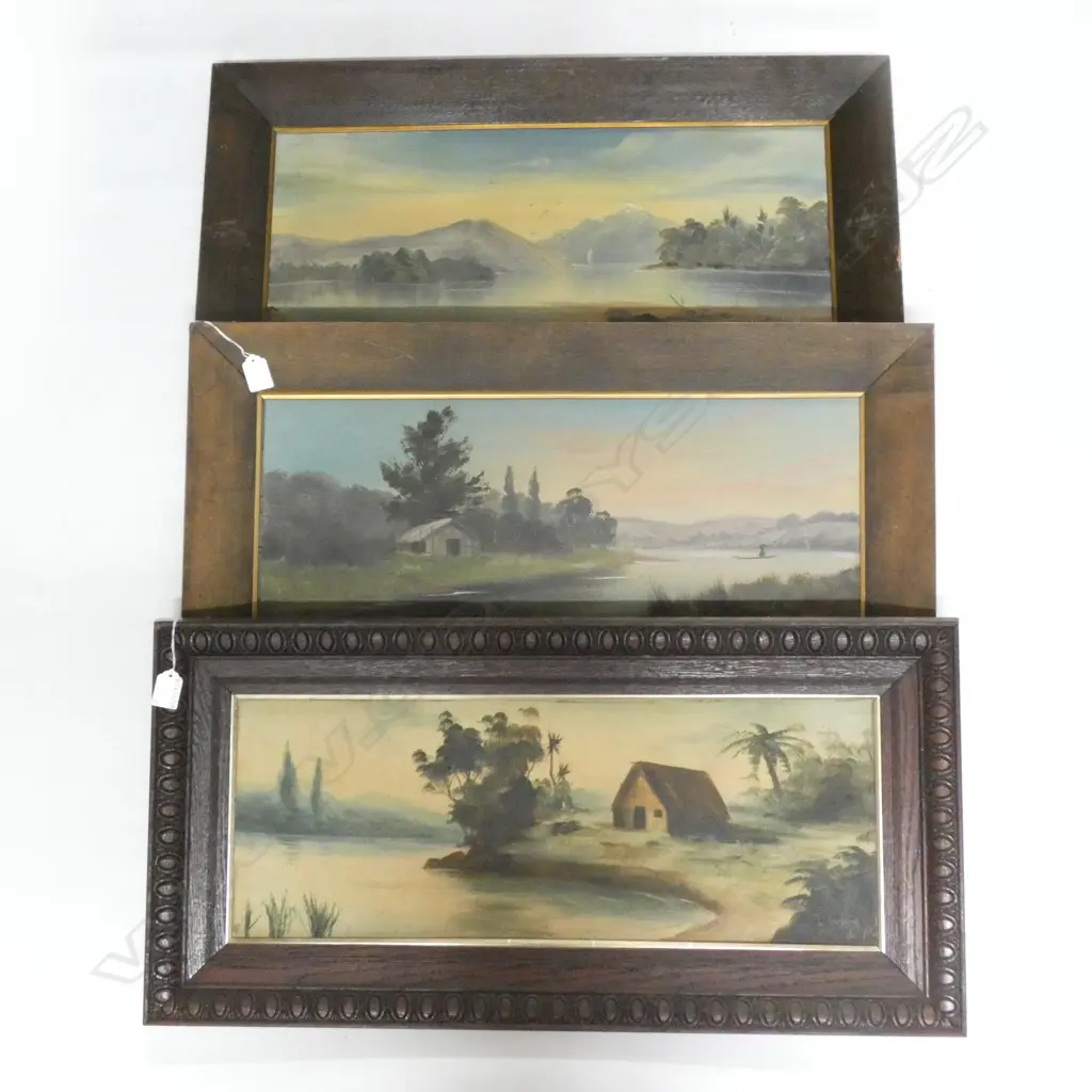 3 COLONIAL LANDSCAPE OILS; 2 PAUL WREN AF 'LAKE TE ANAU' & 'WAIKATO RIVER NEAR MERCER' + DE RITZ 'EVENING' 230x615mm Image 1++
