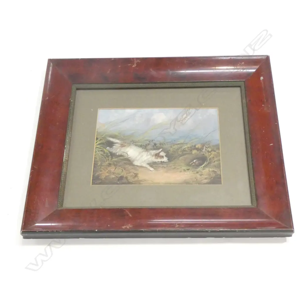 VICTORIAN OIL, ARTIST UNKNOWN, TERRIER DOG CHASING ANIMAL INTO HOLE 135x185mm Image 1++