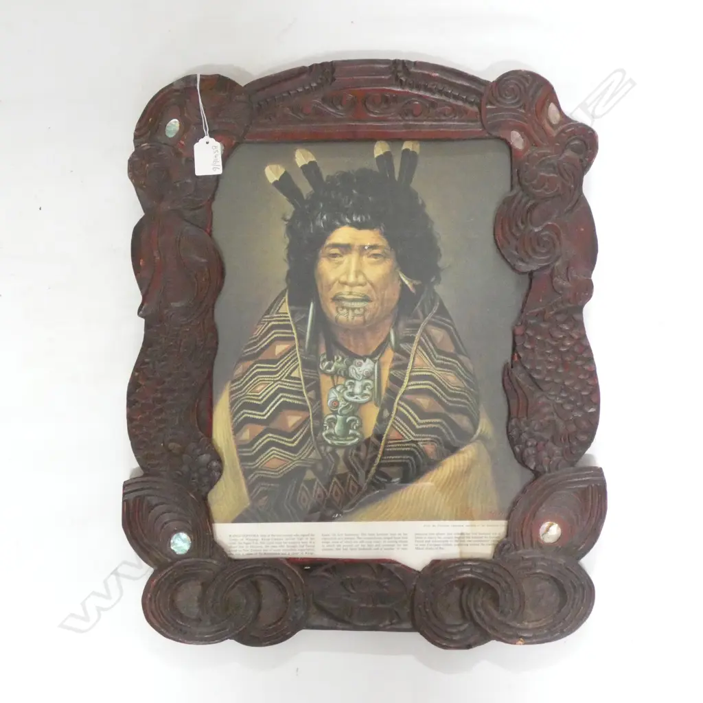 CARVED MAORI FRAME w. LINDAUER PRINT 600x450mm Image 1++