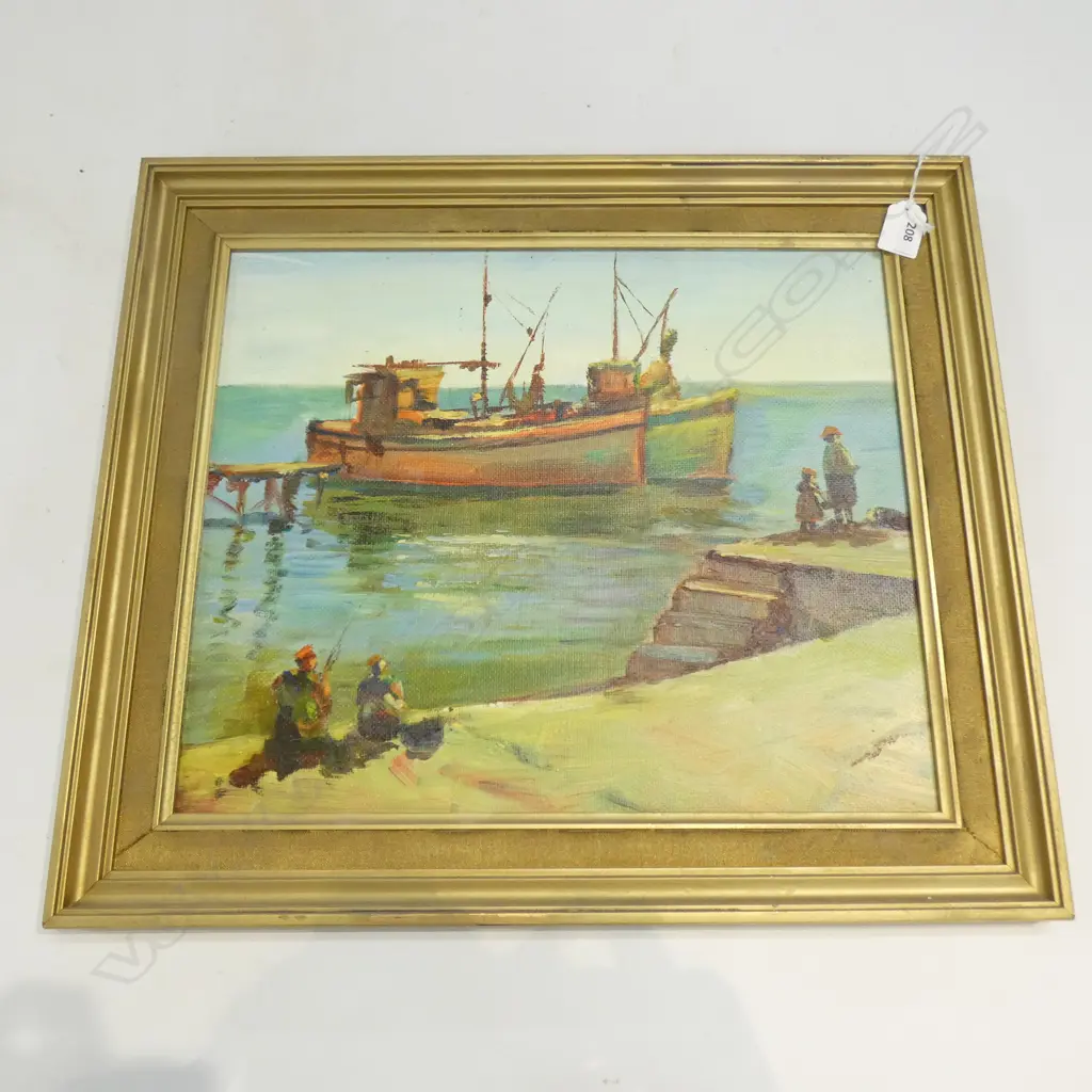 UNSIGNED OIL ON BOARD, FISHING BOATS AND FISHERMEN Image 1++
