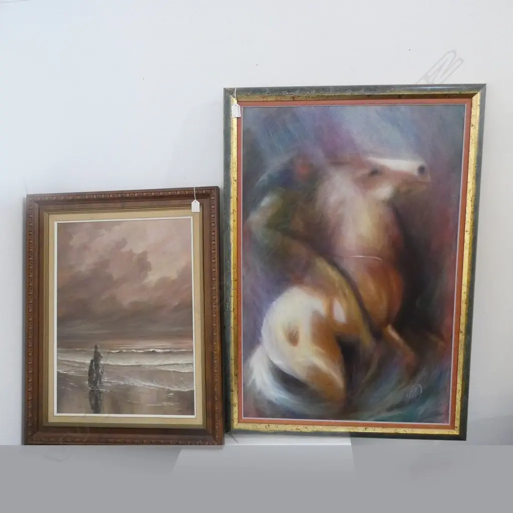 EQUESTRIAN OIL ARTIST UNKNOWN 910x600mm & BEACH SCENE BY MARIE CROSS Image 1++