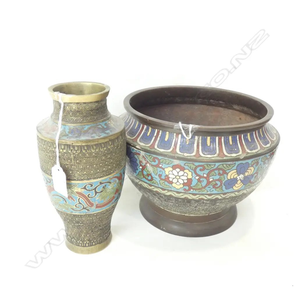 LG BRASS & ENAMEL VASE (H220MM) & JARDINIERE (DIA 240MM) Image 1++
