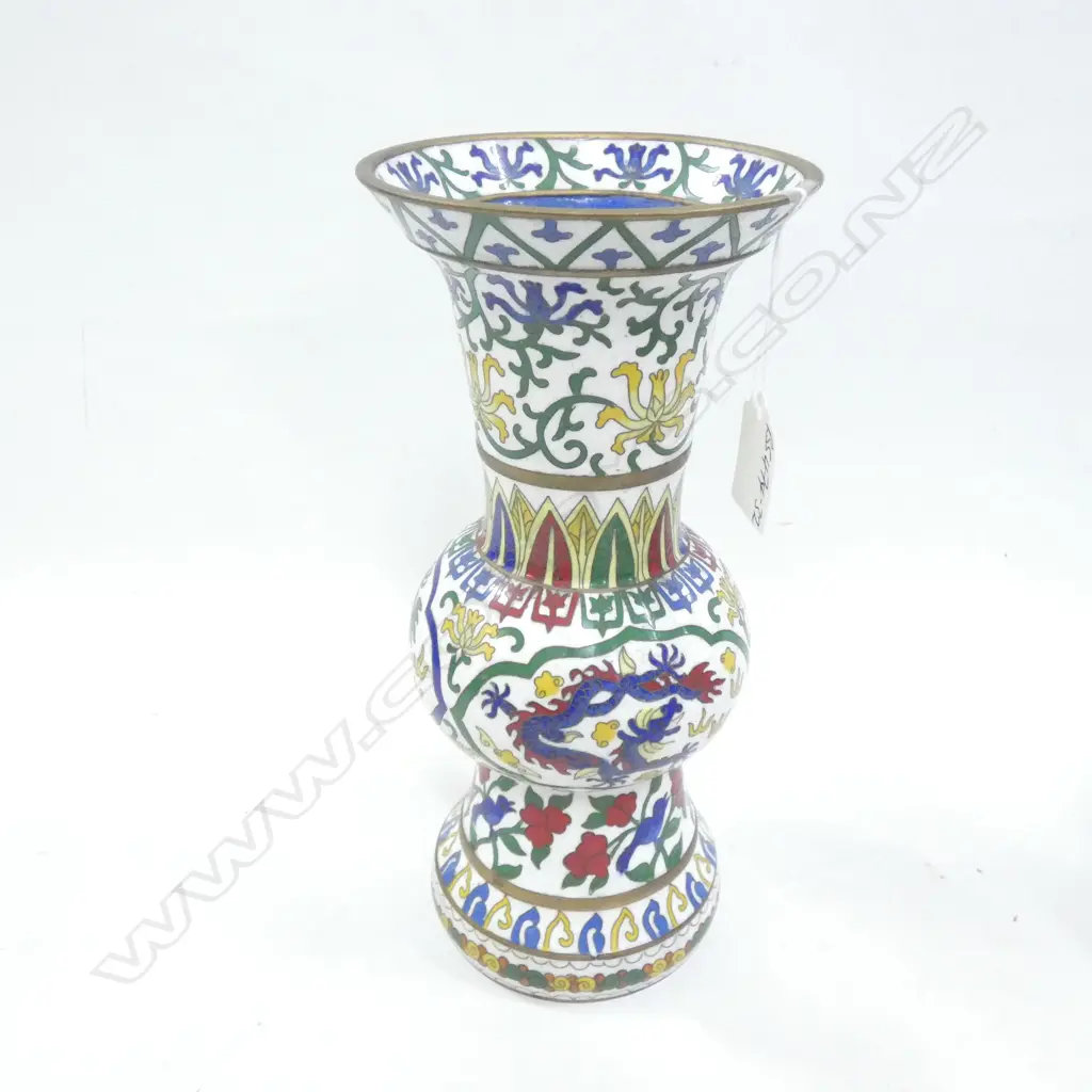 CHINESE CLOISONNE VASE WHITE GROUND W DRAGONS Image 1++