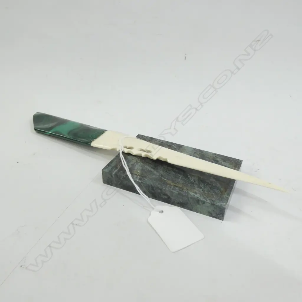 BONE AND MALICHITE PAPER KNIFE + GREEN STONE BLOCK Image 1++