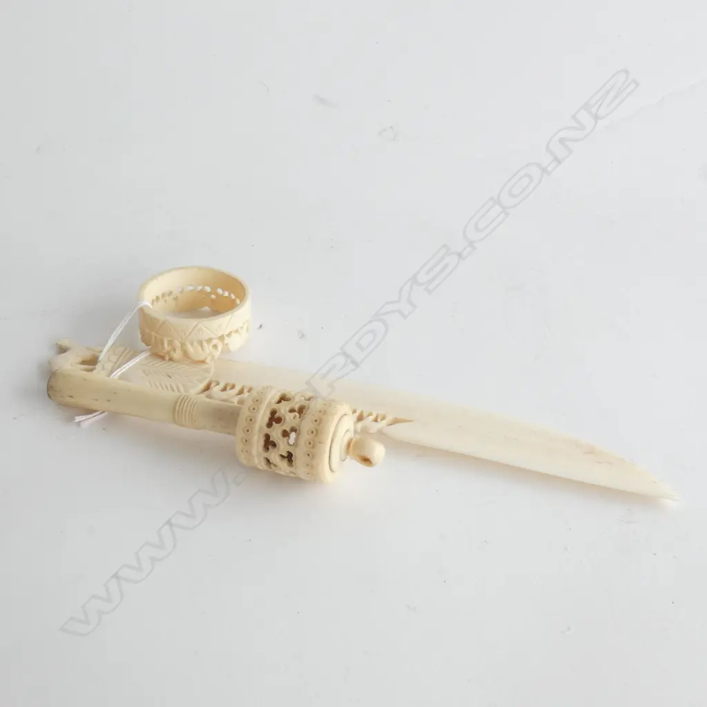 3 ORIENTAL BONE CARVED ITEMS; 18 CENTURY BABY'S RATTLE &LETTER OPENER & NAPKIN RING Image 1++