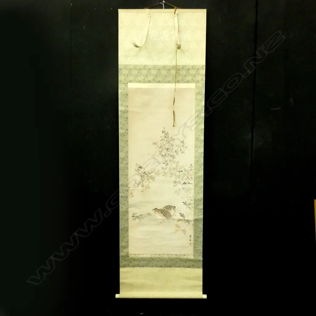 SCROLL PAINTING OF TWO QUAIL BENEATH FLOWERING BRANCHES ... Image 1++