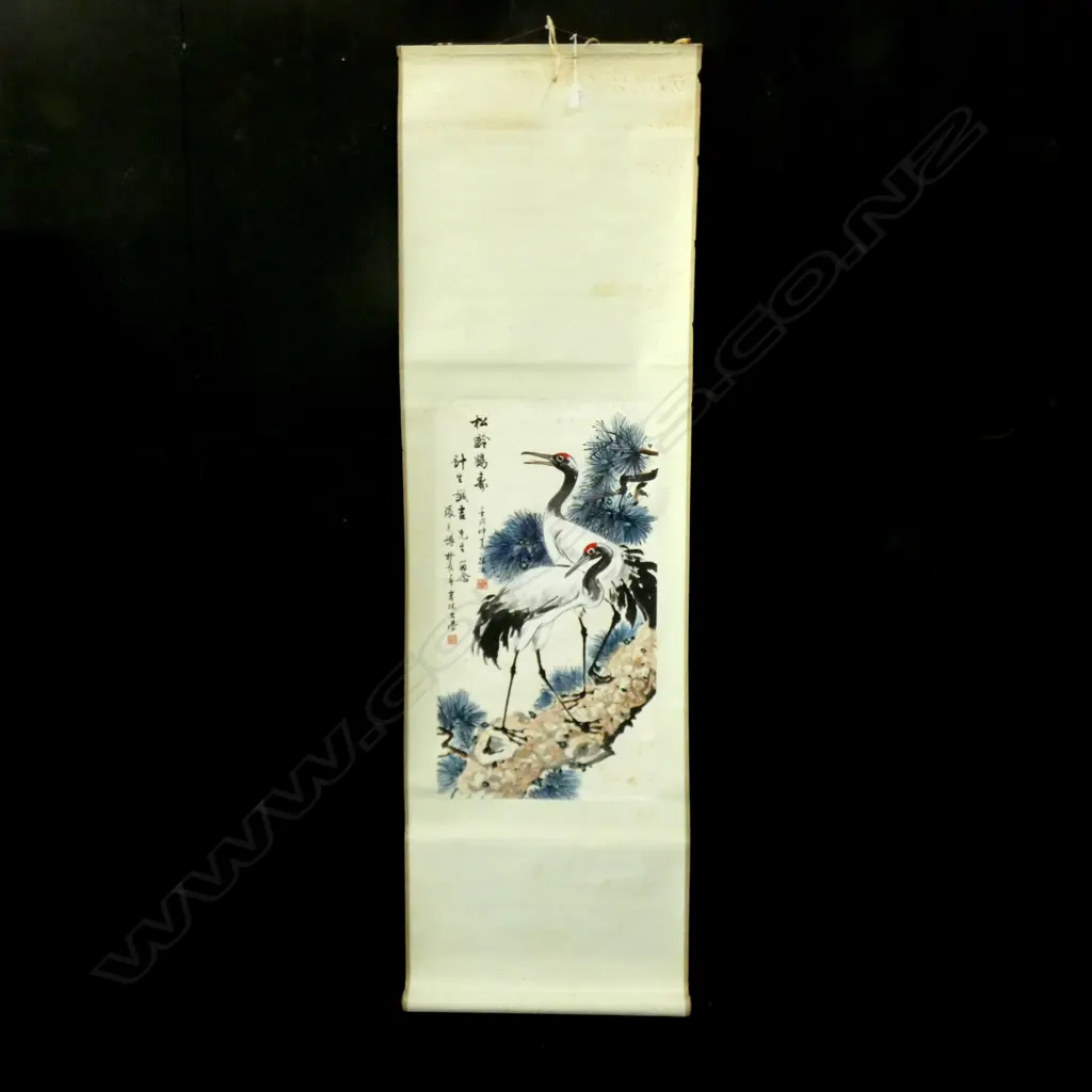 CHINESE INK SCROLL PAINTING - IBIS w BLUE & PINK FOLIAGE  370 x 685MM Image 1++