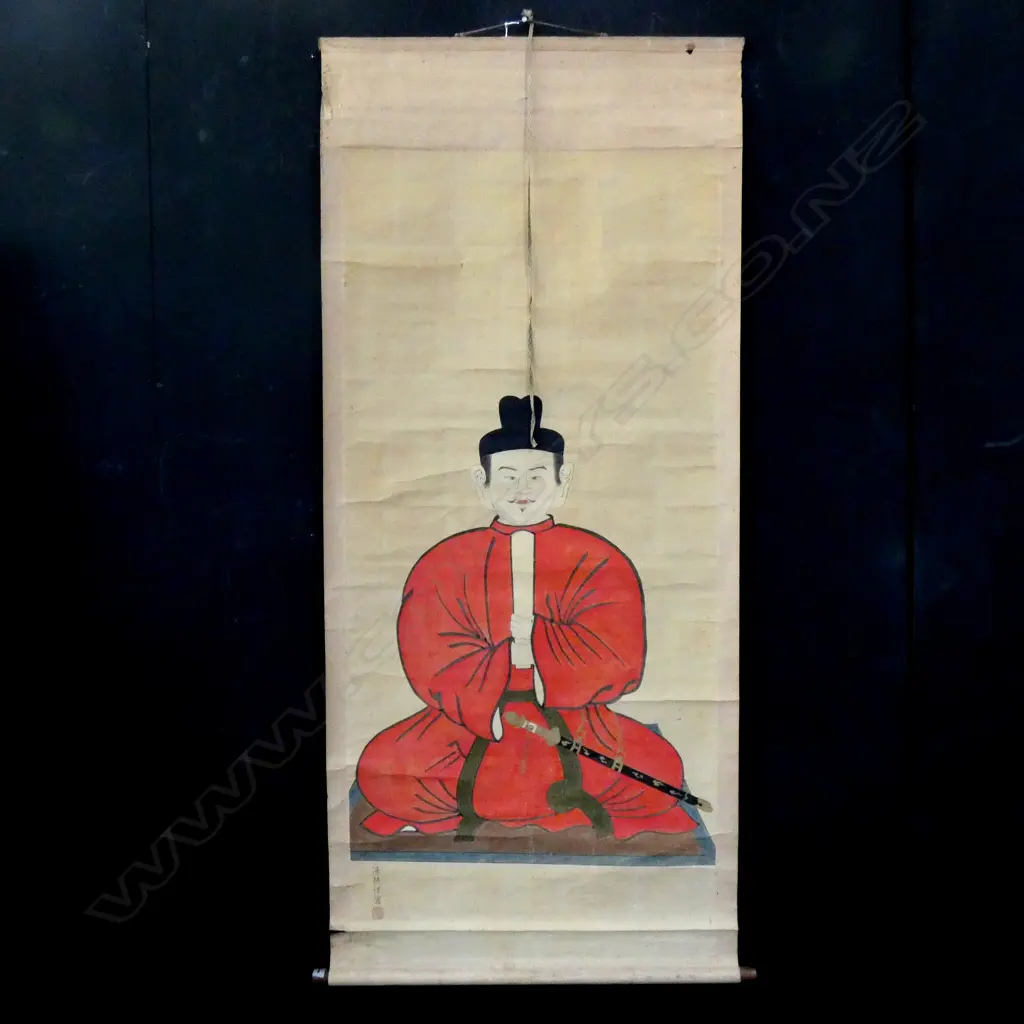 ORIENTAL SCROLL  IMAGE OF A SHINTO PRIEST HOLDING SHAKU, WEARING RED ROBE AND TACHI SWORD... Image 1++