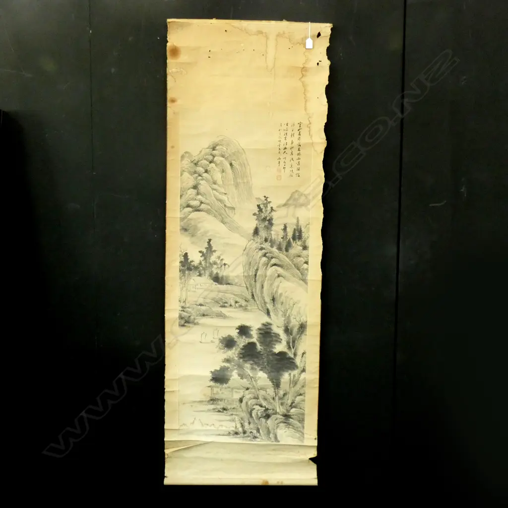 CHINESE INK SCROLL PAINTING - EXTENSIVE COASTAL LANDSCAPE 1280 X 500MM Image 1++