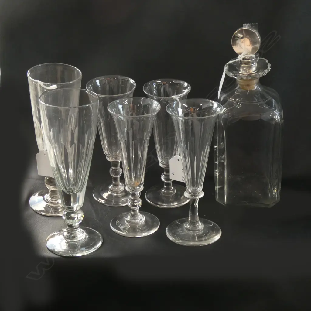 ANTIQUE GLASS, 4 CHAMPAGNE FLUTES, 2 SMALL ALE AND A GEORGIAN DECANTER WITH SILVER MOUNTED BUNG. Image 1++