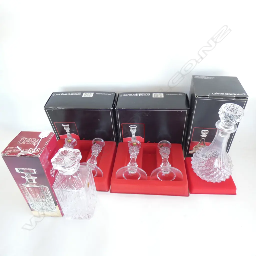CRISTAL D'QRQUES; 2 PR CANDLE HOLDERS / CARAFE & DECANTER - ALL IN ORIGINAL BOXES Image 1++