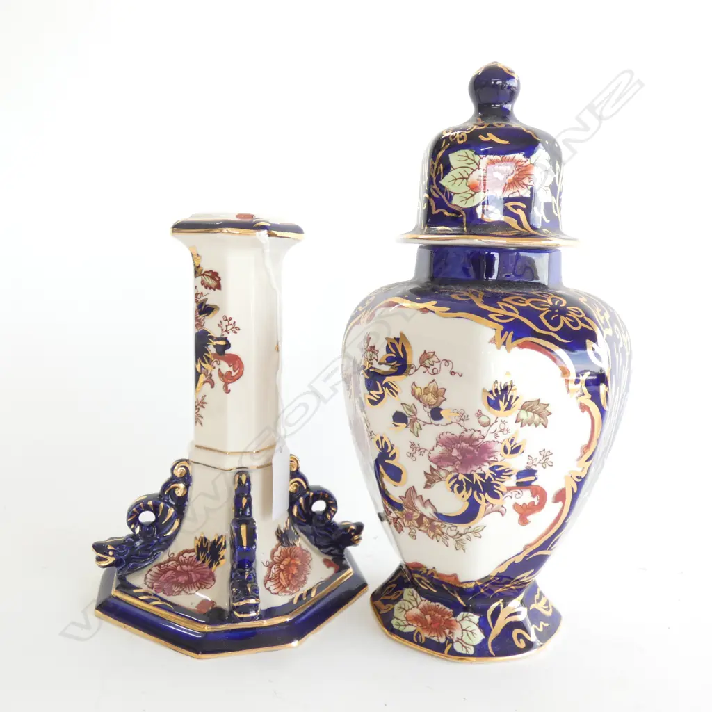 MASONS IRONSTONE BLUE MANDERLAY PATTERN LIDDED VASE & CANDLESTICK Image 1++