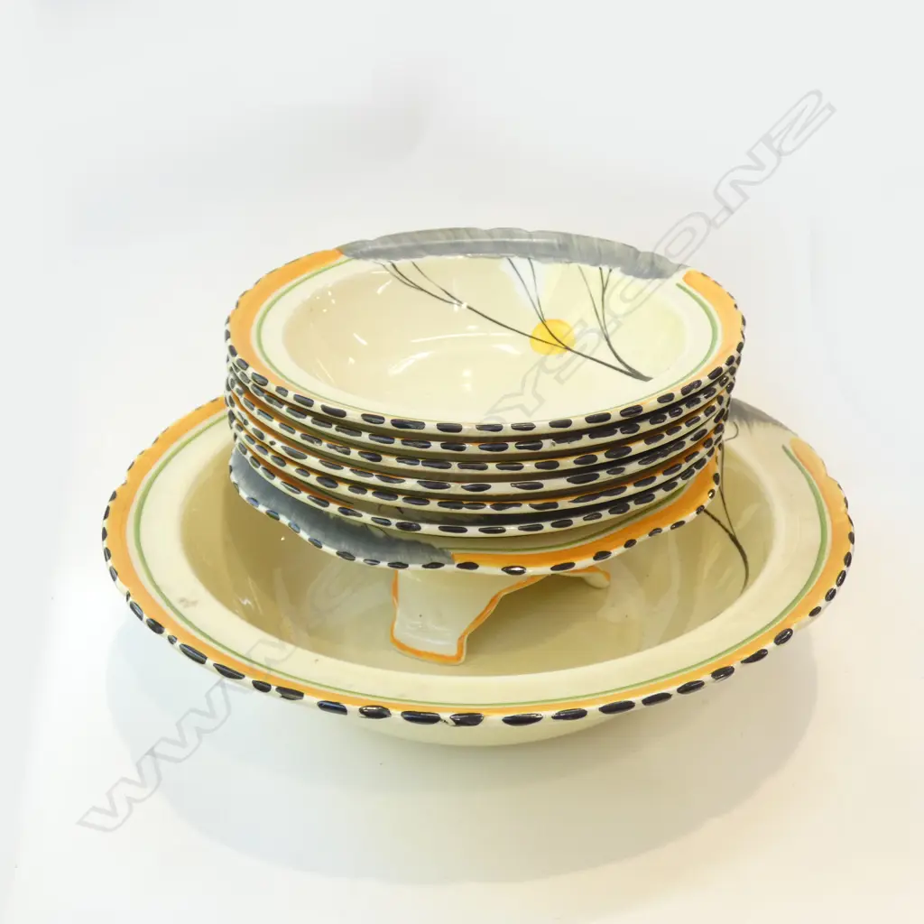 BURLEIGH WARE ART DECO PCS; 7 PC DESSERT SET; FOOTED BOWL & MILK JUG & SUGAR  Image 1++