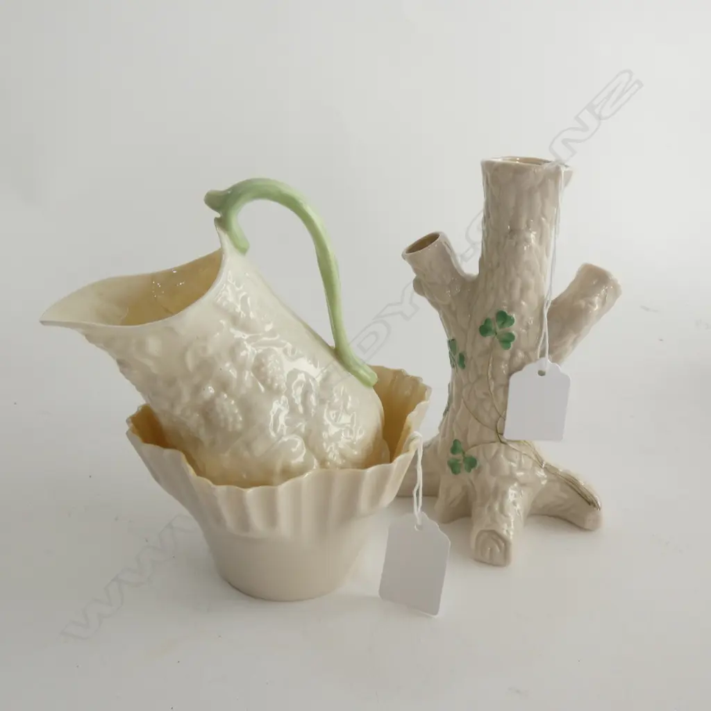 THREE PCS BLACK MARK BELLEEK; TREE STUMP CLOVER VASE  / SM JELLY MOLD (DIA 115MM) & BACCHUS FACE JUG(H115MM)  C1891-1926 Image 1++