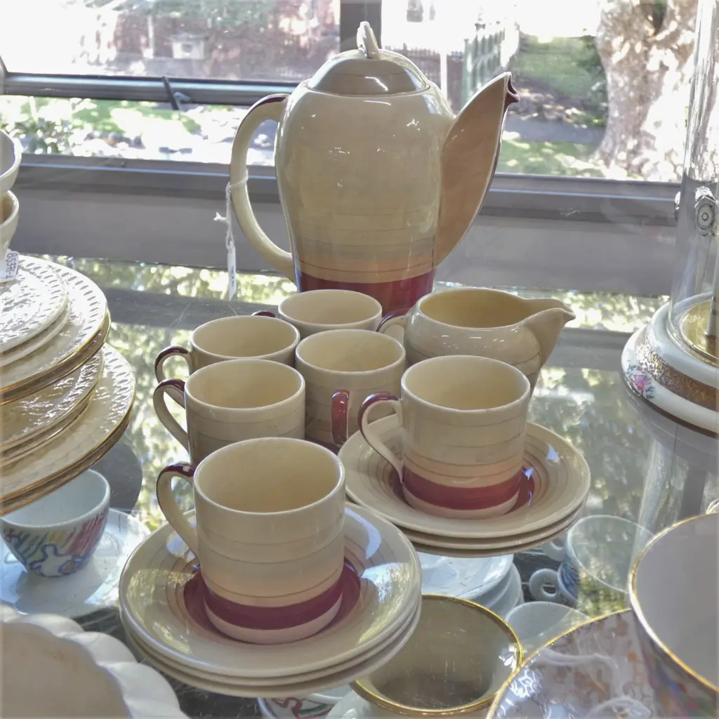 SUSIE COOPER WEDDING BAND DEMITASSE COFFEE SET; COFFEE POT / 6 DEMI C&S & MILK JUG Image 1++