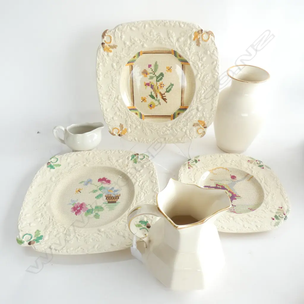 MASON IRONSTONE 3 SAMPLER PAT PLATES & CREAN VASE & 2 JUGS Image 1++