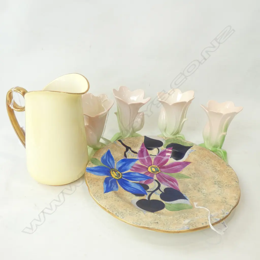CARLTON WARE; ART DECO JUG (H 155MM) & 4 LILY SHAPED VASES (H 100MM) + HANDWORK PLATE Image 1++
