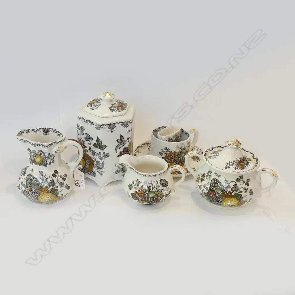 MASON IRONSTONE LIDDED JAR C/S 2 JUGS & TOOTH PICK HOLDER FRUIT BASKET PAT Image 1++