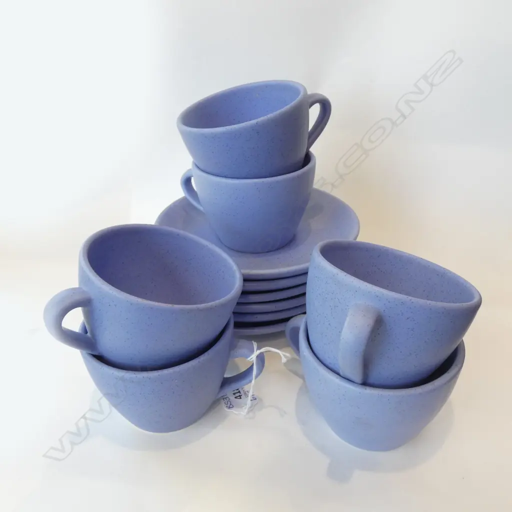 GREEK POTTERY 12 PCE SET - 6 SPECKLED BLUE CUPS & SAUCERS  Image 1++