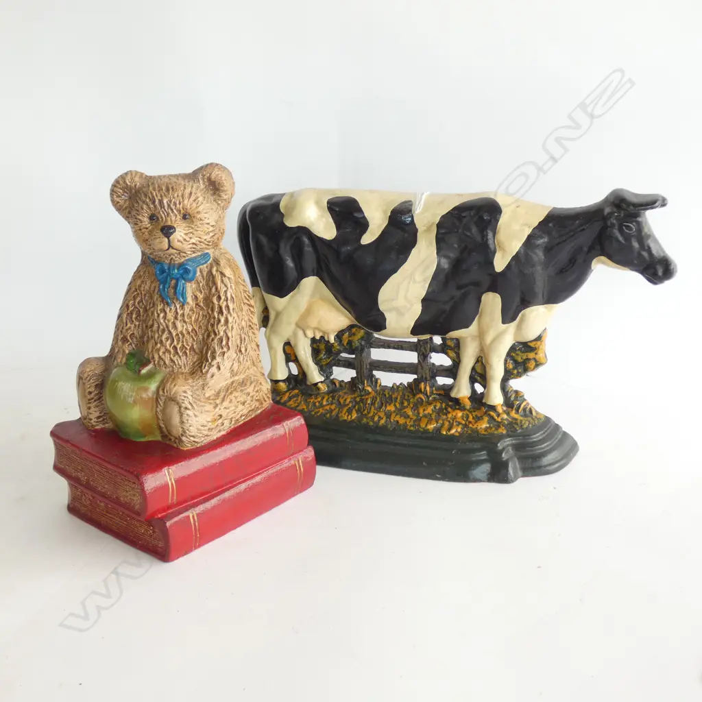 2 PAINTED CAST IRON DOOR STOPS; TEDDY & COW L.355mm  Image 1++