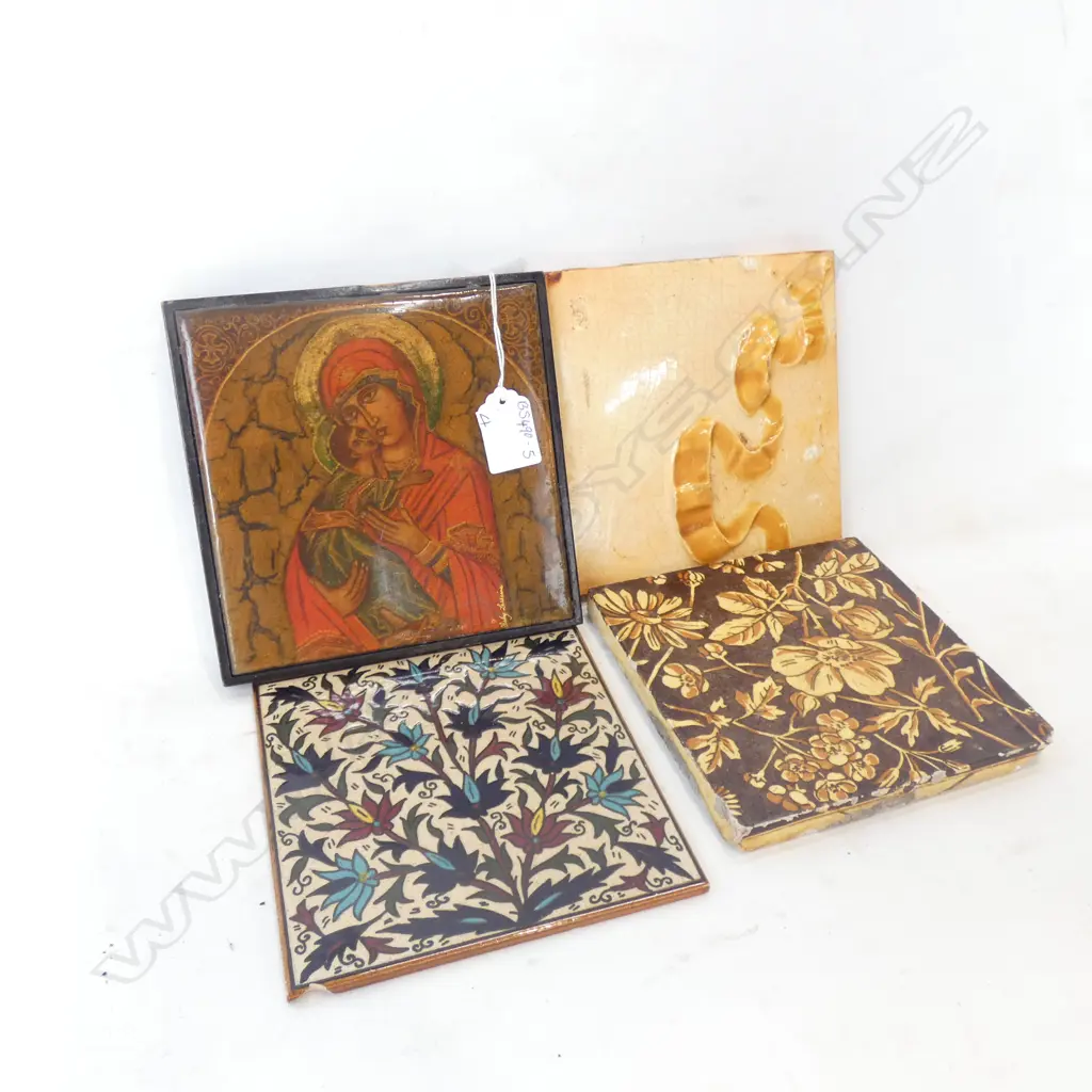 THREE OLD WALL TILES  & LACQUER MADONNA & CHILD TILE 165 X 165MM Image 1++