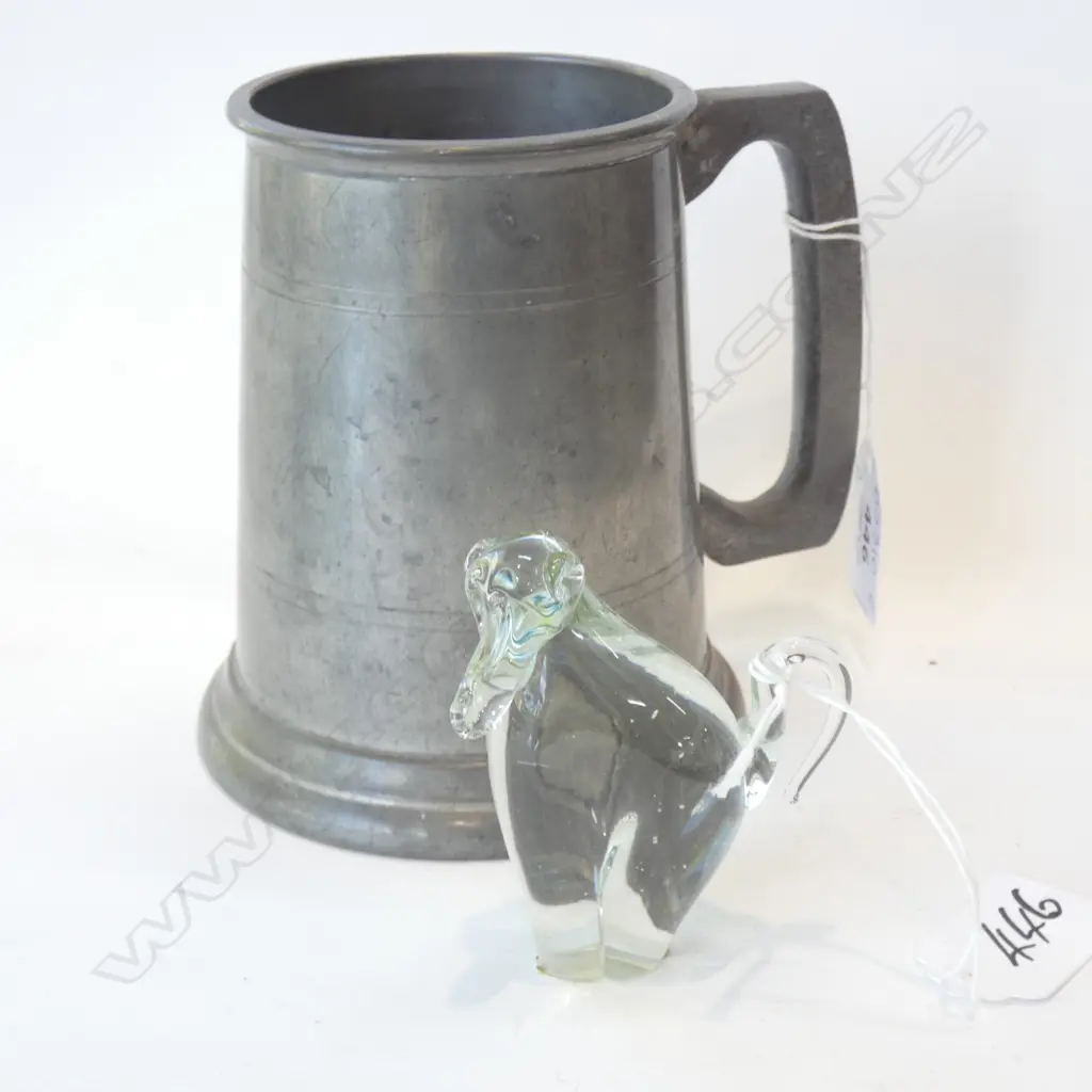OLD PEWTER TANKARD WITH GLASS BOTTOM (H122MM)+ NGWENYA GLASS BABOON - IN ORIGINAL BOX H. 75MM Image 1++