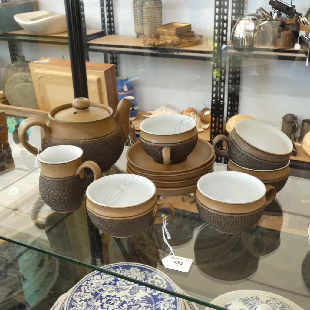 11 PCE DENBY TEASET, TEAPOT / JUG & 5 CUPS & 4 SAUCERS Image 1++