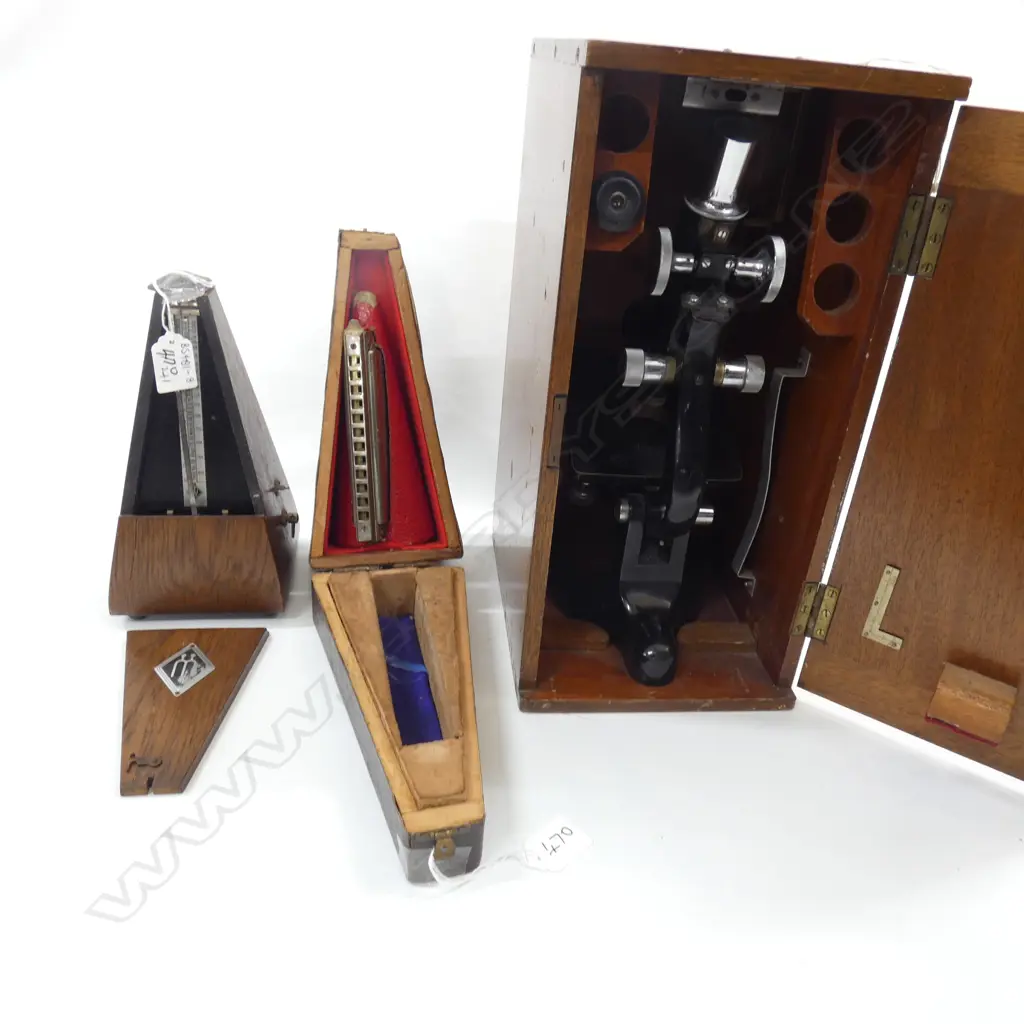 CASED MICROSCOPE, METRONOME & HONER HARMONICA Image 1++