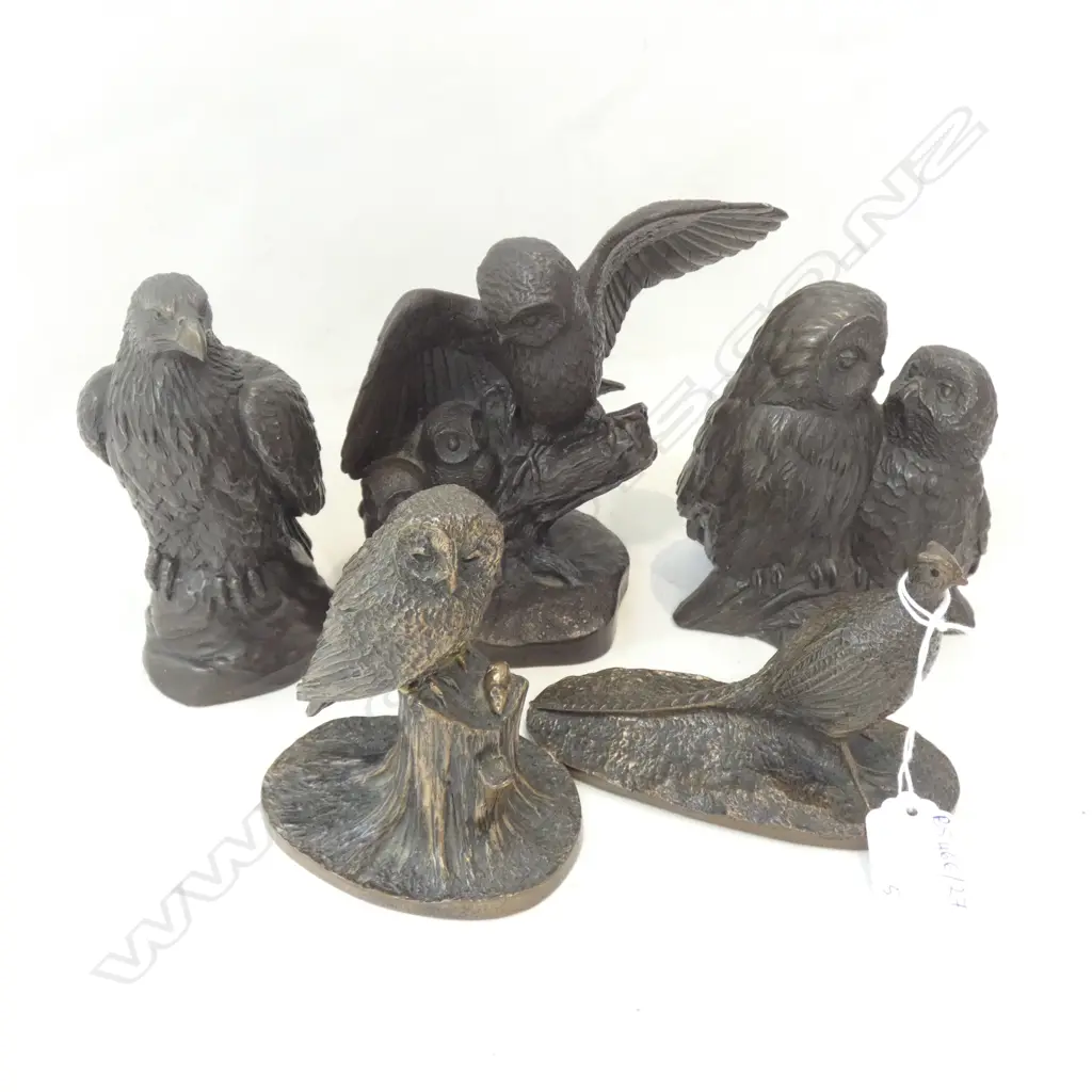 5 BRONZED RESIN BIRDS; 3 OWLS, EAGLE, PHEASANT Image 1++