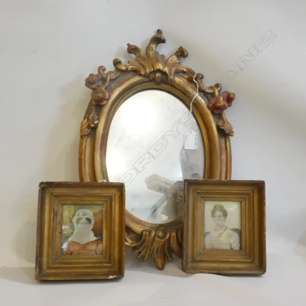 SM GILT PAINTED WALL MIRROR  (430 X 275MM) A/F & PR GILT FRAME OLD PORTRAITS (65 X 75MM) Image 1++