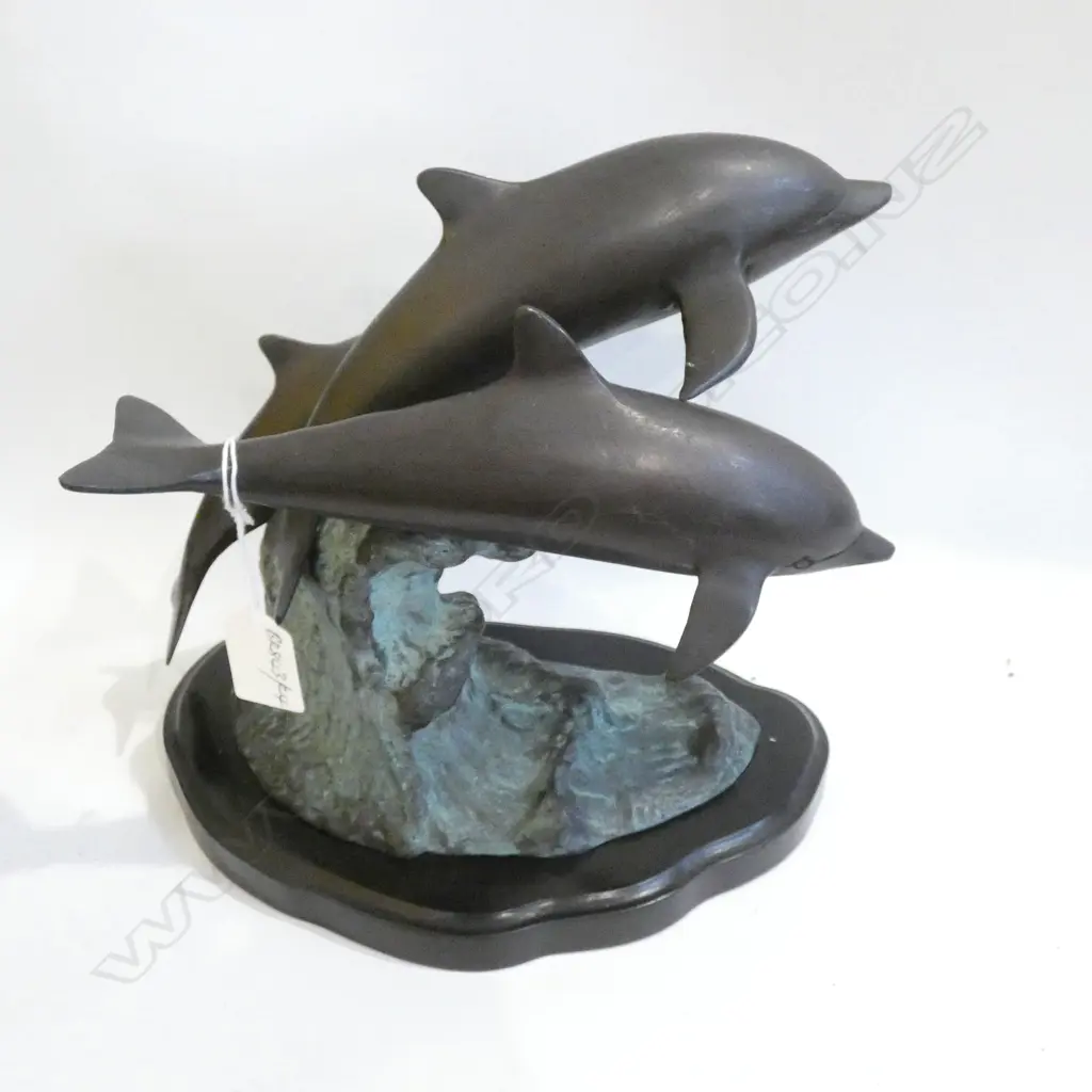 BRONZE POD OF DOPHINS ON WOODEN BASE H 250MM W 250MM Image 1++