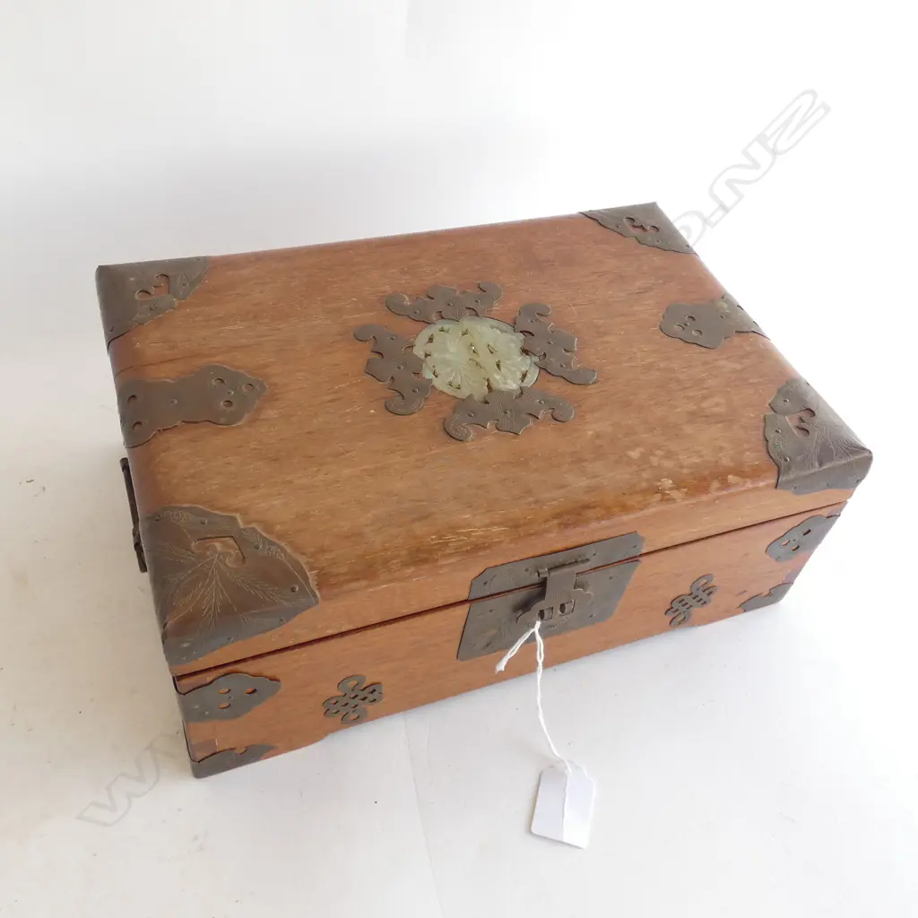 CHINESE JEWELLERY BOX w. BRASS & JADE DETAIL W.305mm Image 1++