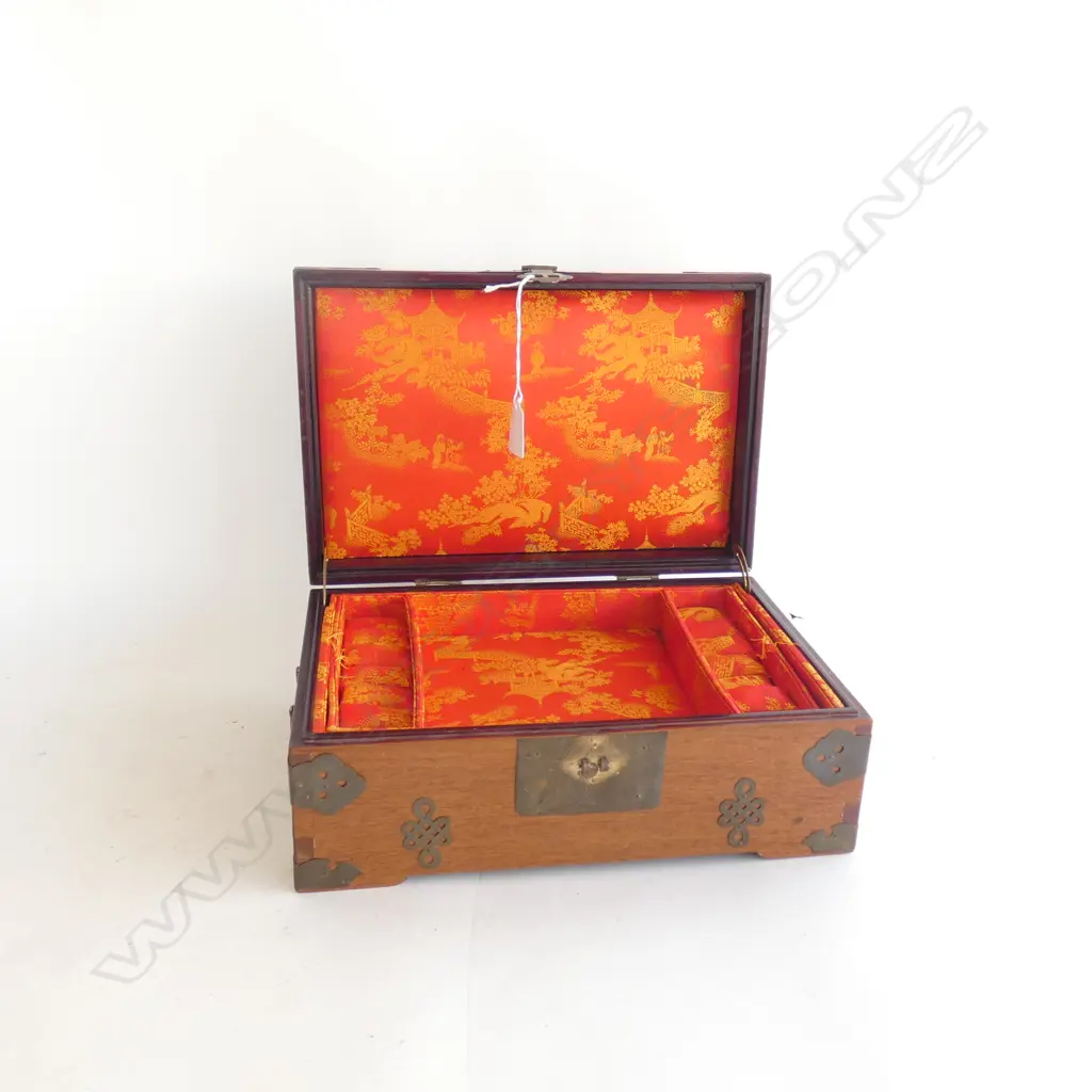 CHINESE JEWELLERY BOX w. BRASS & JADE DETAIL W.305mm Image 1++