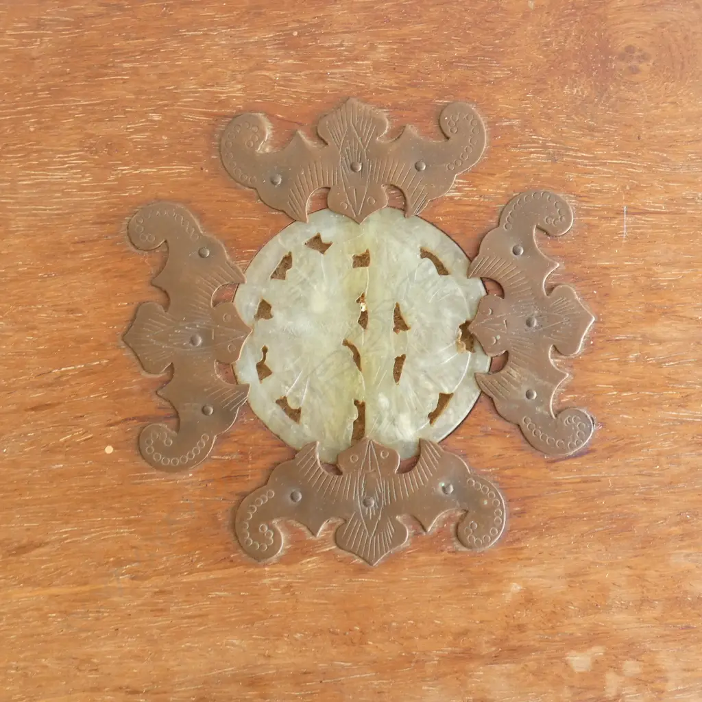 CHINESE JEWELLERY BOX w. BRASS & JADE DETAIL W.305mm Image 1++