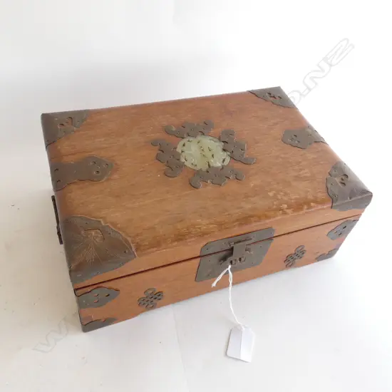 CHINESE JEWELLERY BOX w. BRASS & JADE DETAIL W.305mm