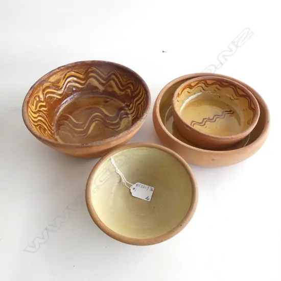4 STUDIO POTTERY BOWLS; 2 SLIPWARE (1 AF) 215mm dia