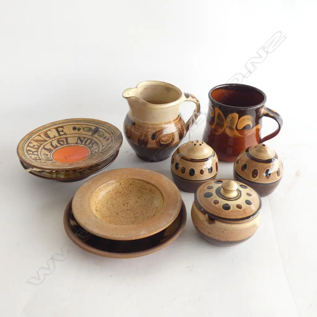 9 ENGLISH POTTERY PCES; 3 CONDIMENTS, JUG, MUG, 4 SMALL DISHES 110mm dia Image 1++
