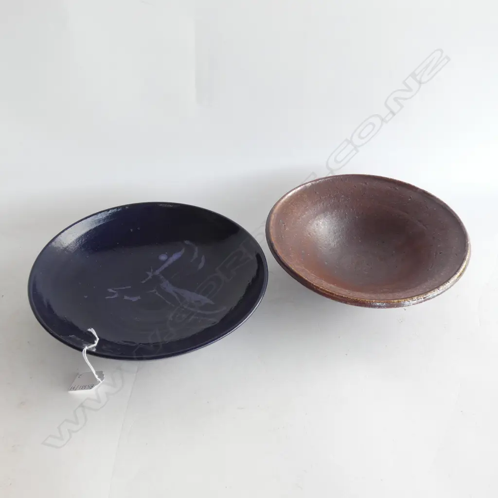 2 STUDIO POTTERY BOWLS; WOOD FIRED & BLUE w. BIRD DESIGN 240mm dia Image 1++
