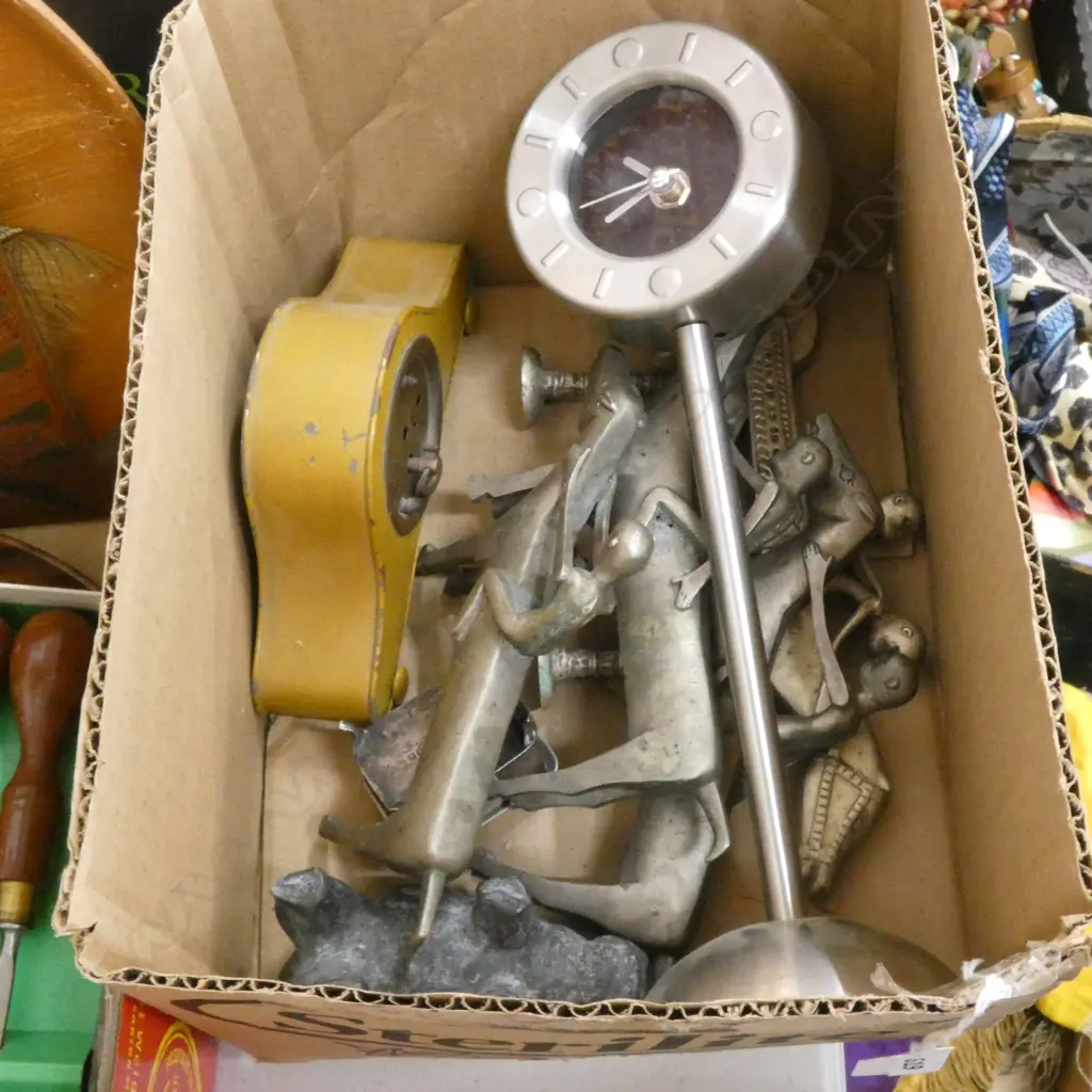 BOX ASST INCL. PEWTER HORSE & RIDERS / OLD CLOCKS ETC. Image 1++