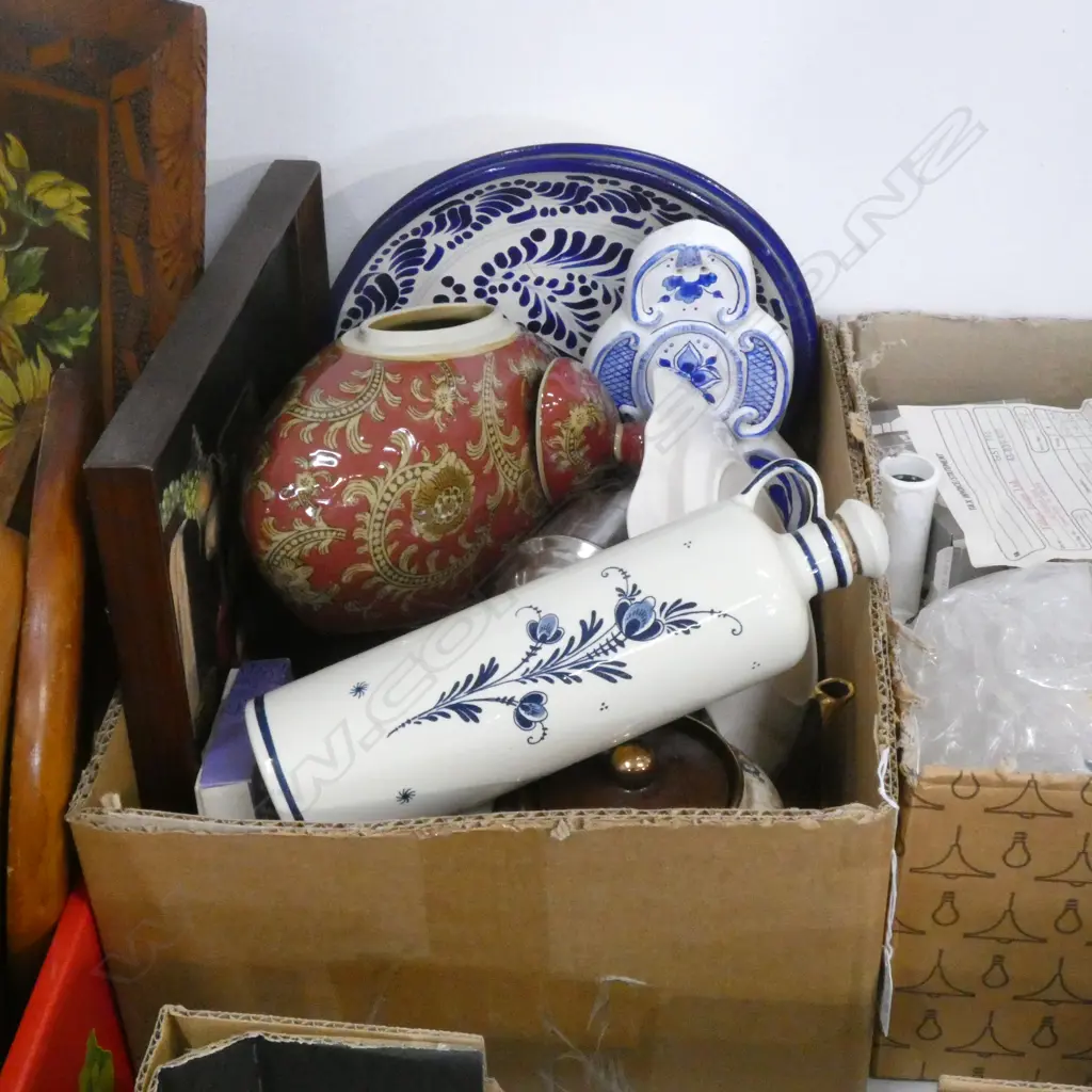 BOX LOT ASST. B/W CERAMICS, BROWN TEAPOT, STILL LIFE ETC Image 1++