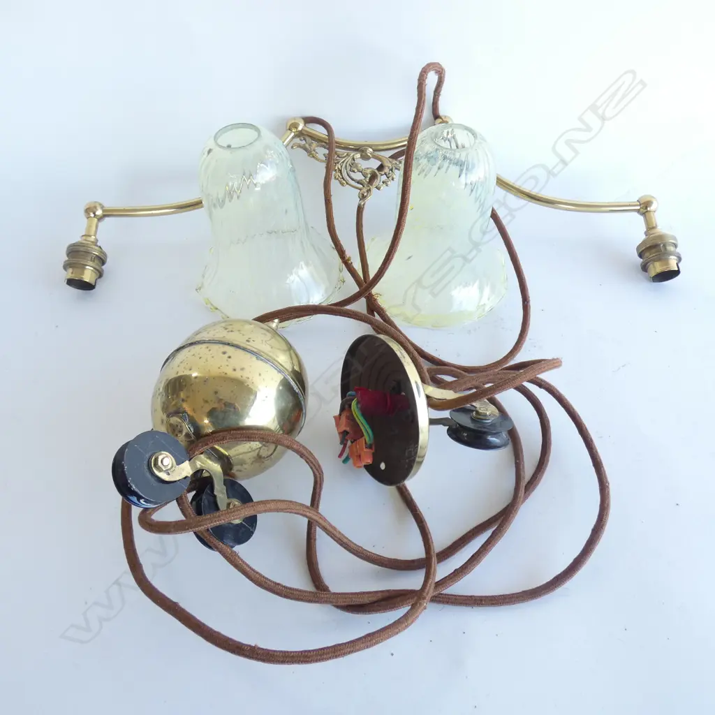 BRASS RISE & FALL PENDANTS WITH PR URANIUM GLASS SHADES  W 520MM Image 1++