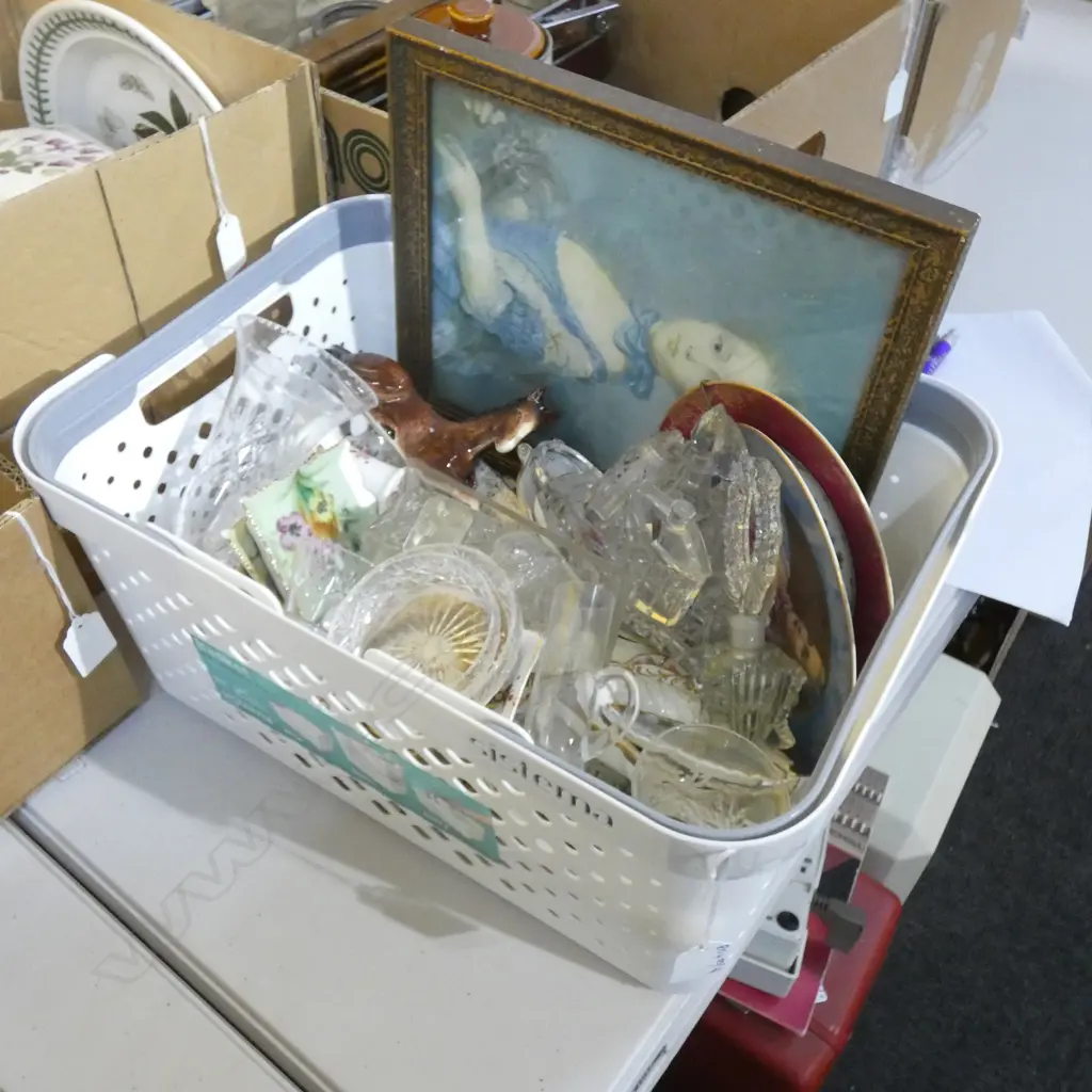 BOX LOT ASST. CHINA; LIMOGES, R/CROWN DERBY, CRYSTAL ETC Image 1++