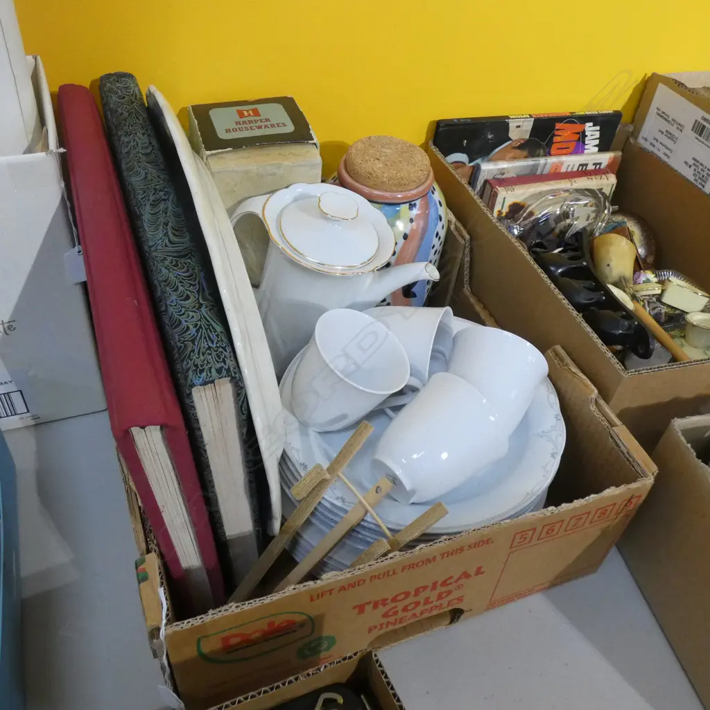 BOX LOT ASST. CHINA, KITHENWARE, 2 BOOKS POETRY ETC Image 1++