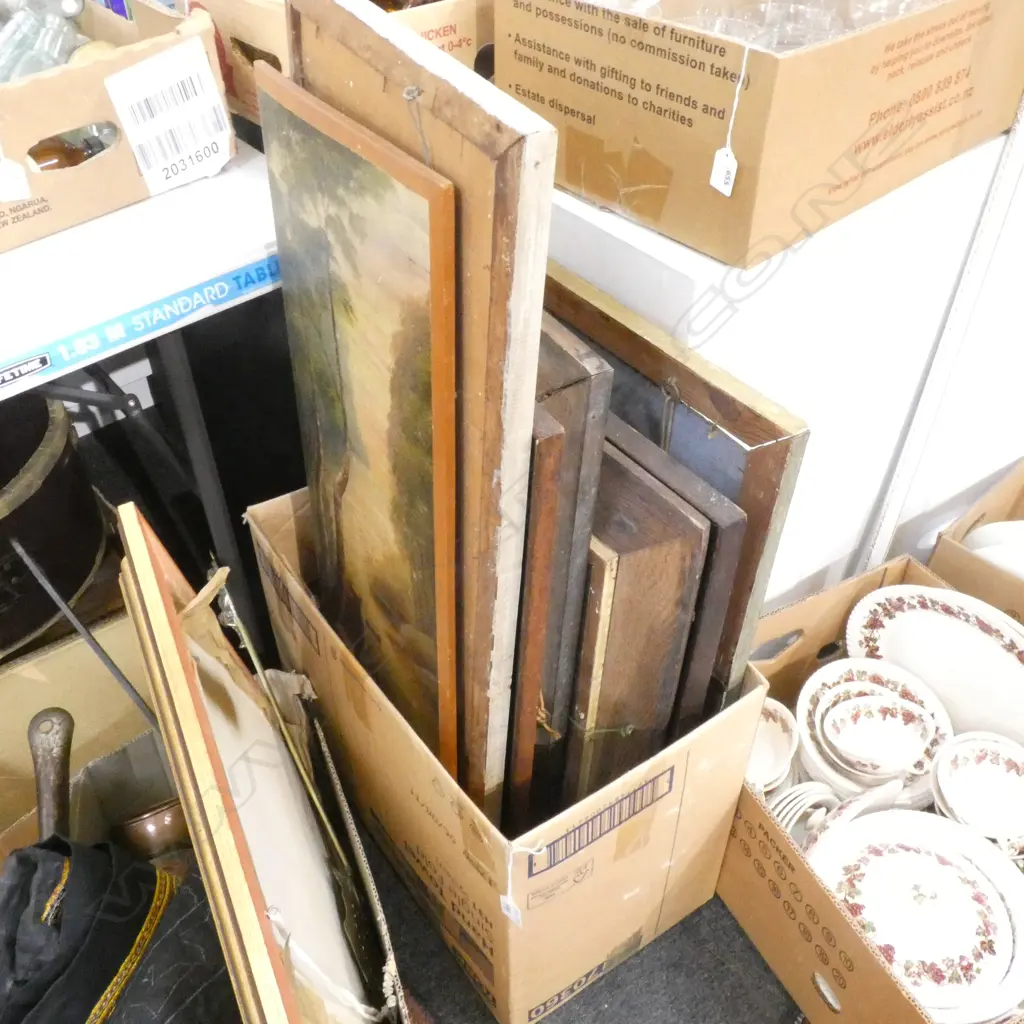 BOX LOT ASST. COLONIAL OIL ARTWORKS IN ORIG. OAK FRAMES ETC Image 1++