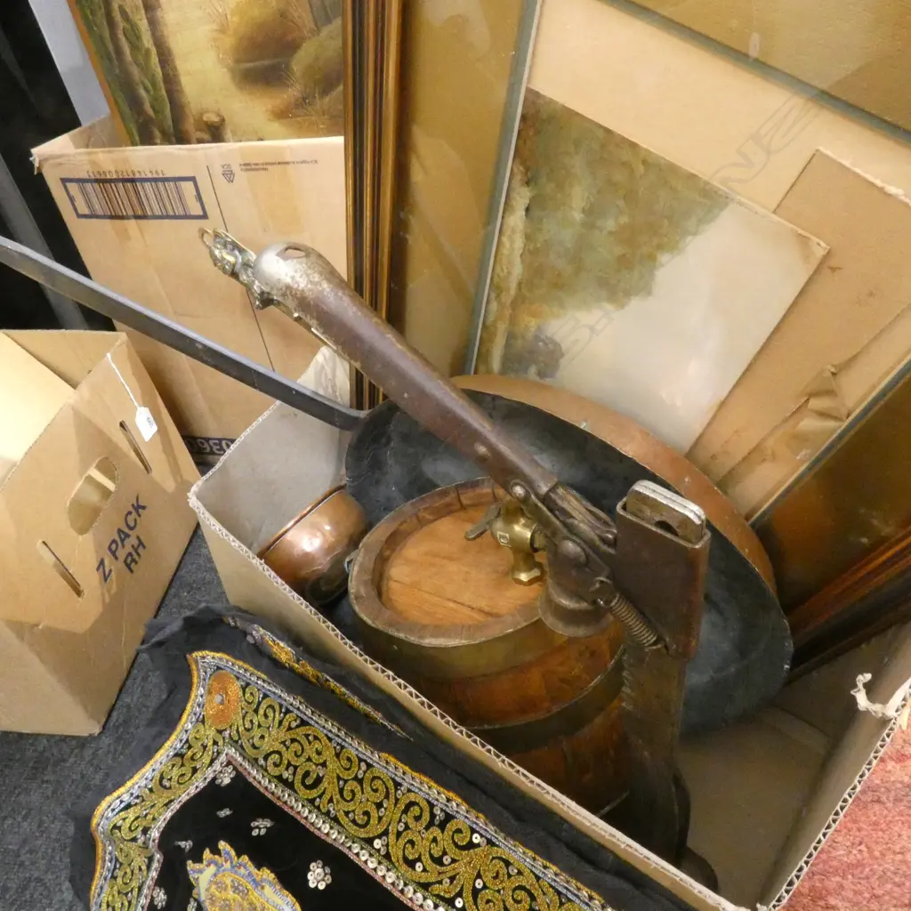 BOX LOT SMALL WOODEN BARREL, COPPER, THAI EMBROIDERIES ETC Image 1++