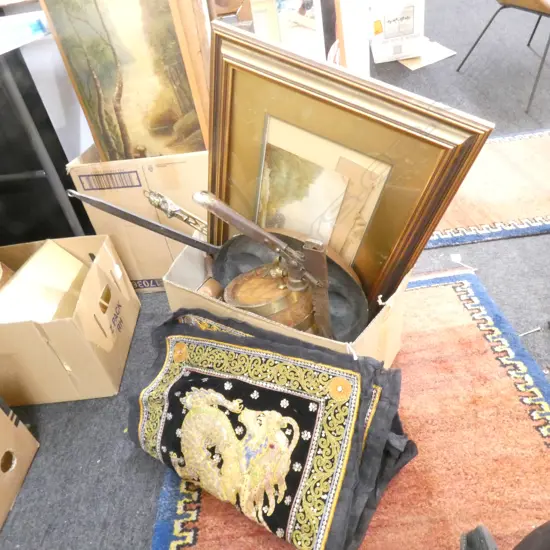 BOX LOT SMALL WOODEN BARREL, COPPER, THAI EMBROIDERIES ETC