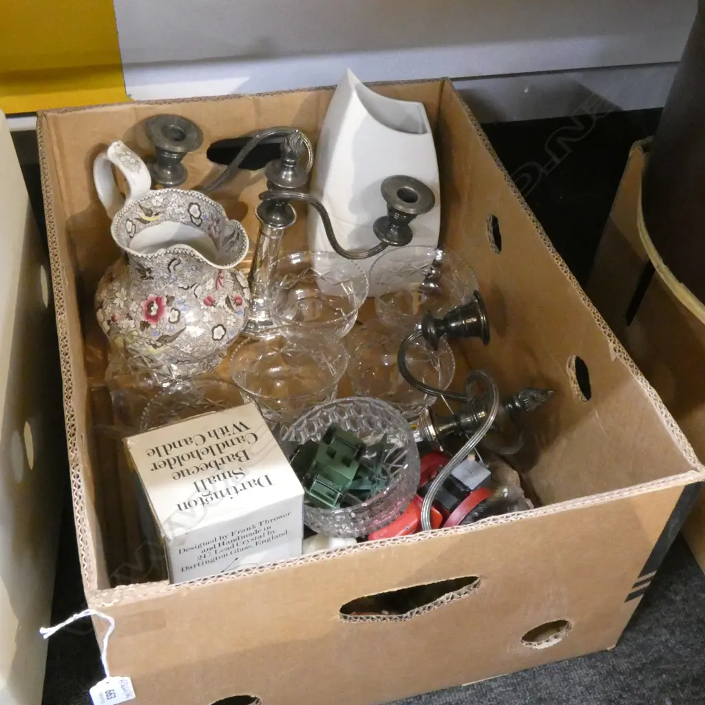 BOX LOT CRYSTAL, PR CANDLELABRAHS, BELEEK VASE ETC Image 1++