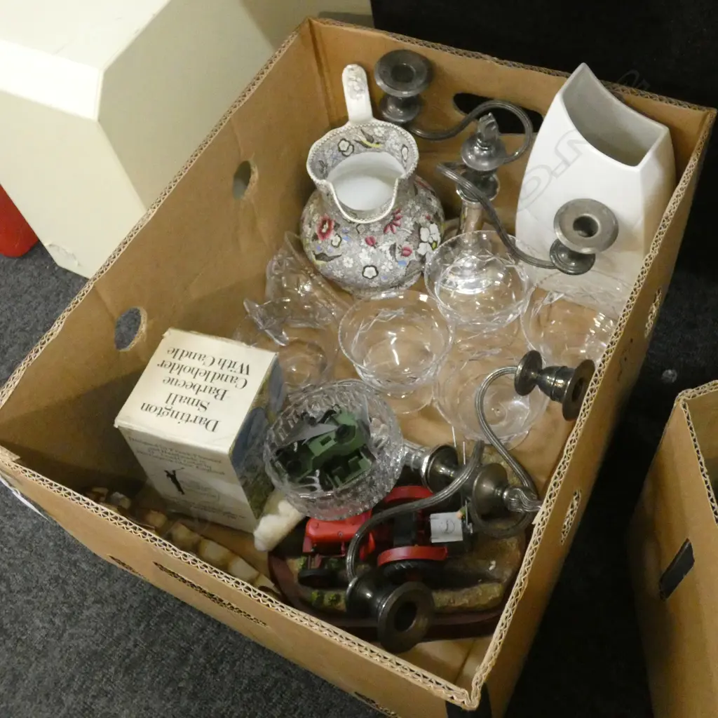 BOX LOT CRYSTAL, PR CANDLELABRAHS, BELEEK VASE ETC Image 1++