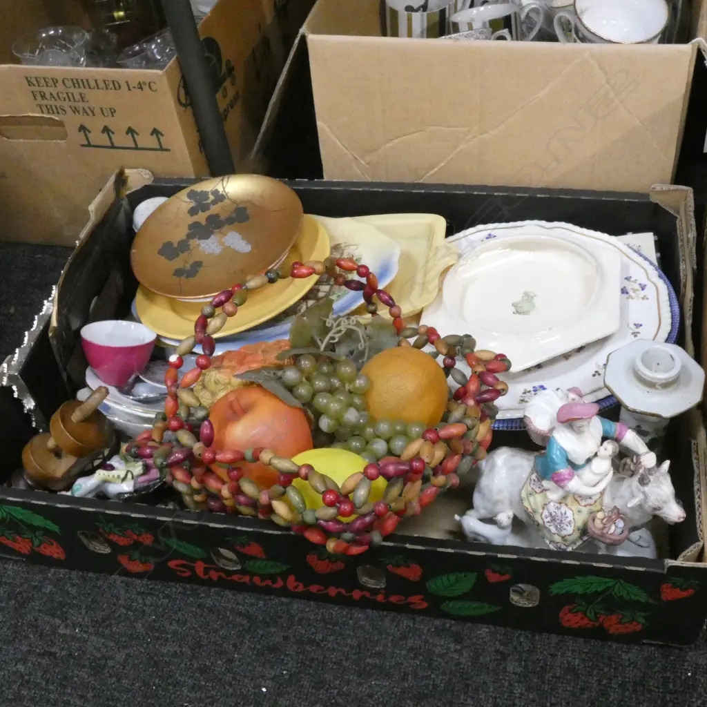 BOX LOT ASST CHINA ETC; PLATES / FIGURINES / ARTIFICIAL FRUIT ETC. Image 1++