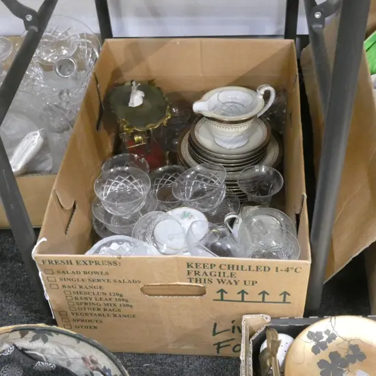 BOX LOT ASST. PART TEA SETS, CRYSTAL